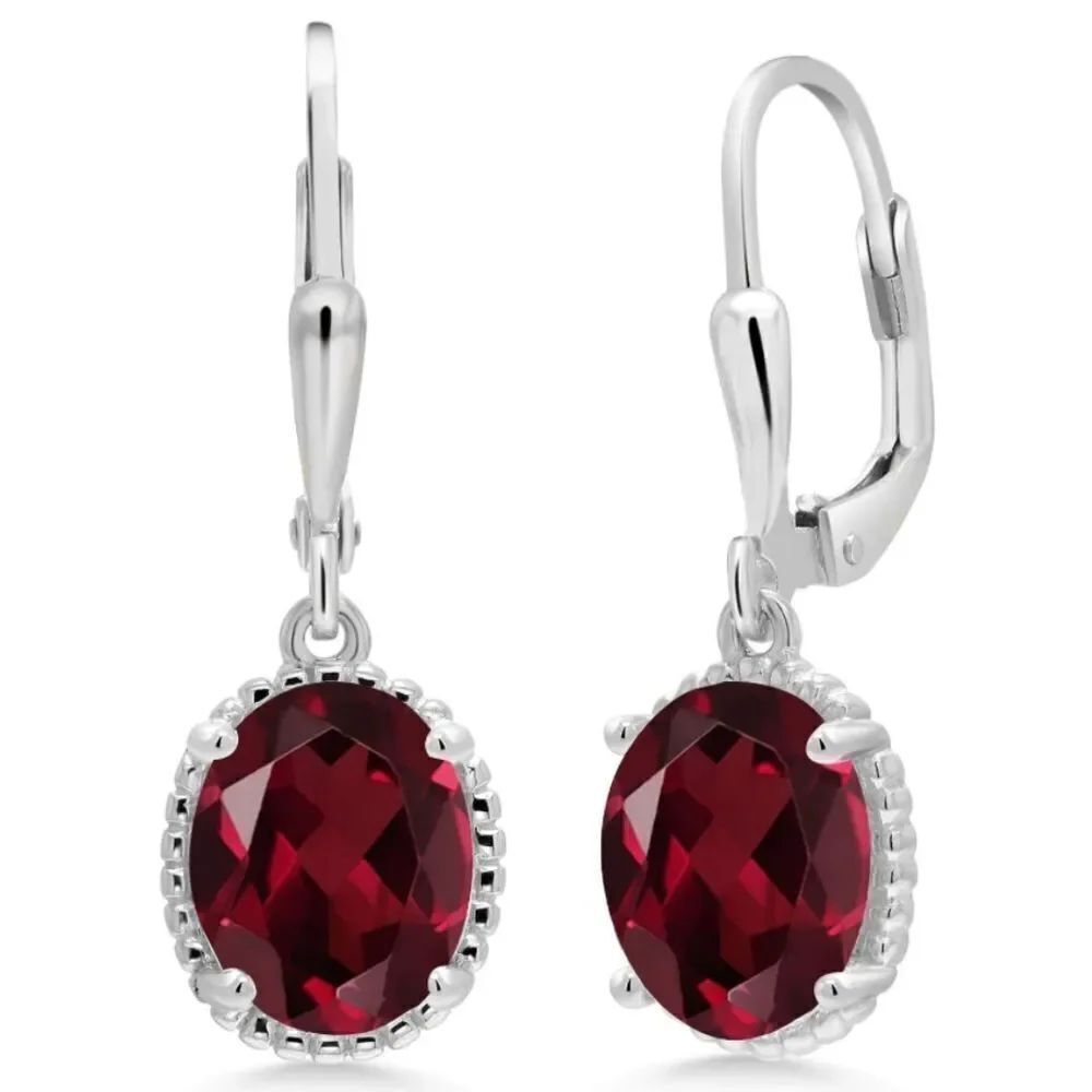 925 Sterling Silver with 4.00 Cttw Rhodolite Garnet Oval Leverback Hook Earrings